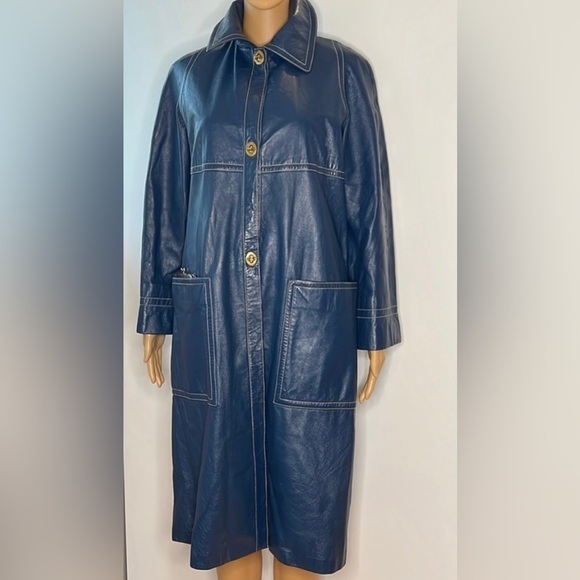 Bonnie Cashin Sills for Coach Sz 8 Blue Leather Trench Coat Turnlock Fasteners - Picture 1 of 16